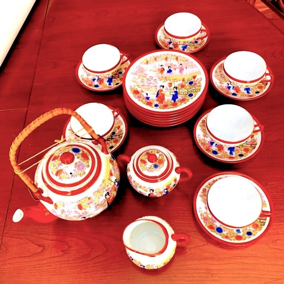 23 piece Japanese Eggshell Porcelain Tea Set cups saucers plates teapot creamer - Picture 2 of 12